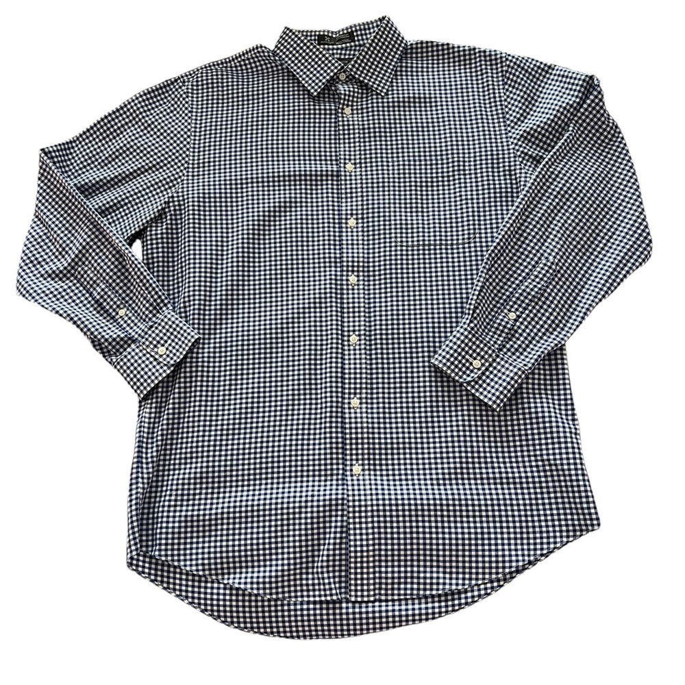 Nordstrom Smart Care Wrinkle‎ Free Cotton Navy Blue Gingham Check Size 16